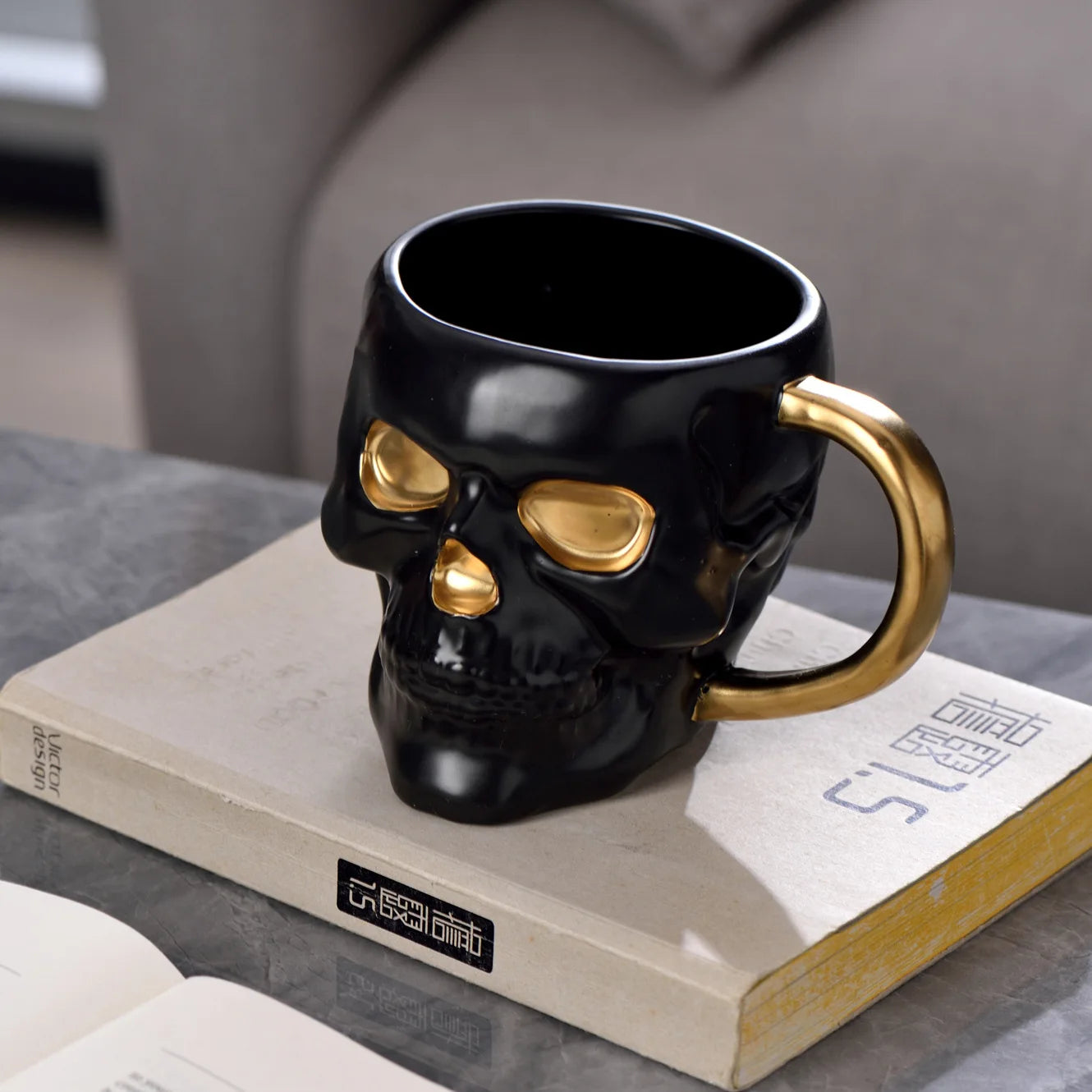 Gothic Novelty Skull Mug with Gold Handles